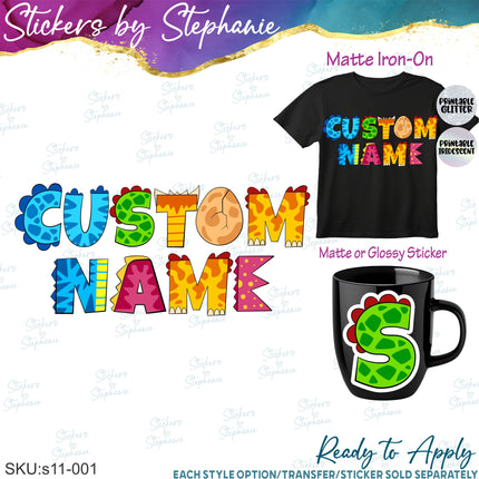 (s11-001) Dinosaur Letters Custom Name Text Iron-On Transfer or Sticker