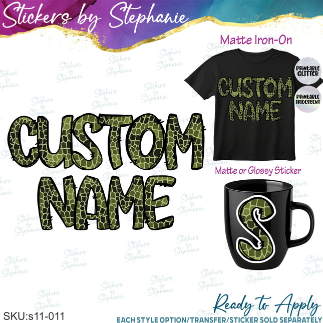 (s11-011) Alligator Crocodile Print Letters Custom Name Text Iron-On Transfer or Sticker