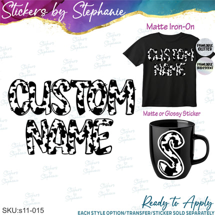 (s11-015) Cow Print Letters Custom Name Text Iron-On Transfer or Sticker