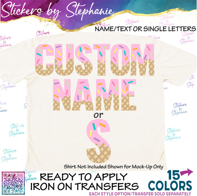 (s11-017) Ice Cream Cone Letters Custom Name Text Iron-On Transfer or Sticker