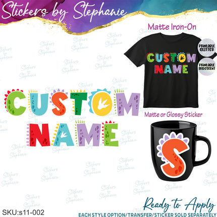(s11-002) Dinosaur Letters Custom Name Text Iron-On Transfer or Sticker
