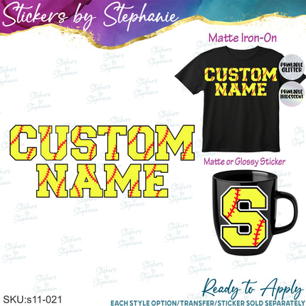 (s11-021) Softball Letters Custom Name Text Iron-On Transfer or Sticker