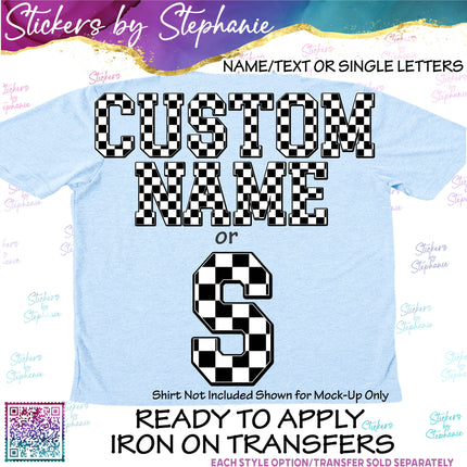 (s11-028) Checkered Race Flag Letters Custom Name Text Iron-On Transfer or Sticker