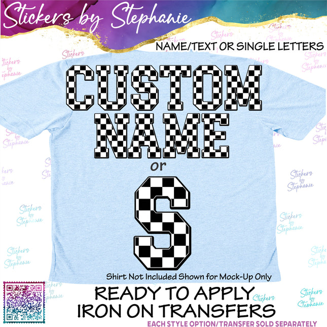 (s11-028) Checkered Race Flag Letters Custom Name Text Iron-On Transfer or Sticker