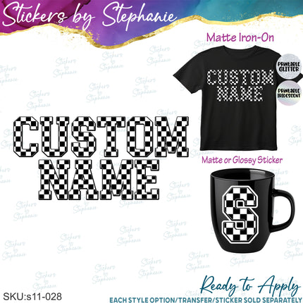 (s11-028) Checkered Race Flag Letters Custom Name Text Iron-On Transfer or Sticker