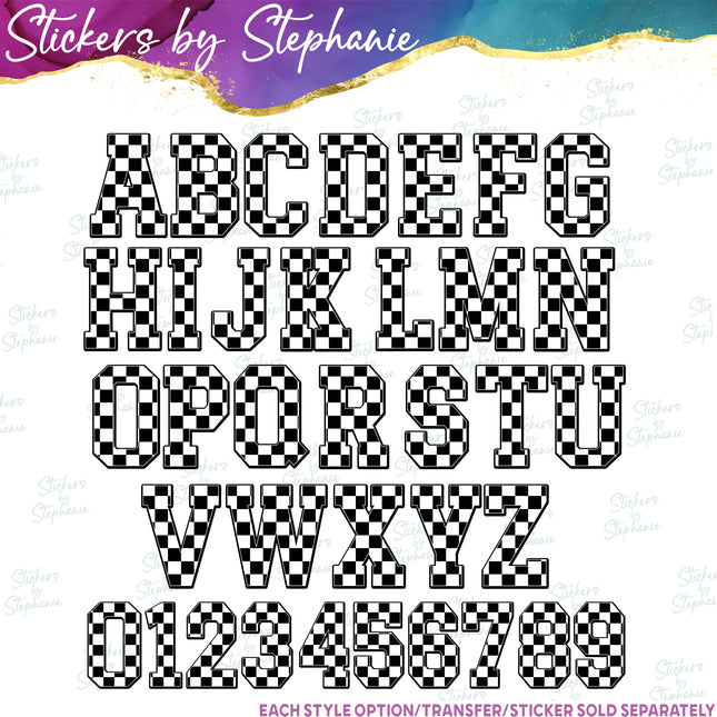 (s11-028) Checkered Race Flag Letters Custom Name Text Iron-On Transfer or Sticker