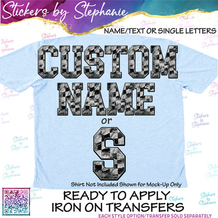 (s11-030) Grunge Checkered Race Flag Letters Custom Name Text Iron-On Transfer or Sticker