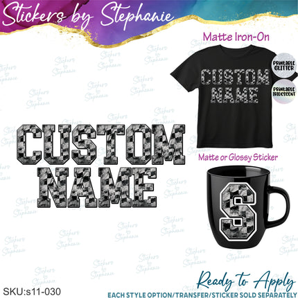 (s11-030) Grunge Checkered Race Flag Letters Custom Name Text Iron-On Transfer or Sticker