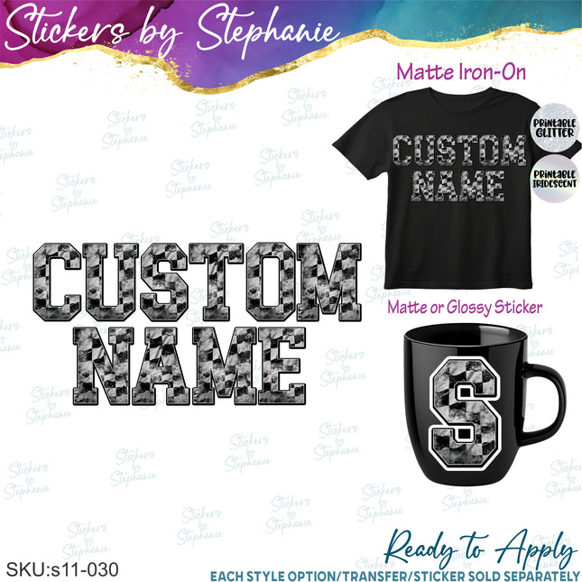 (s11-030) Grunge Checkered Race Flag Letters Custom Name Text Iron-On Transfer or Sticker