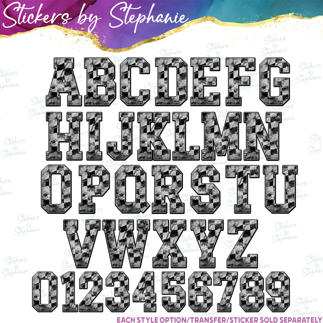 (s11-030) Grunge Checkered Race Flag Letters Custom Name Text Iron-On Transfer or Sticker