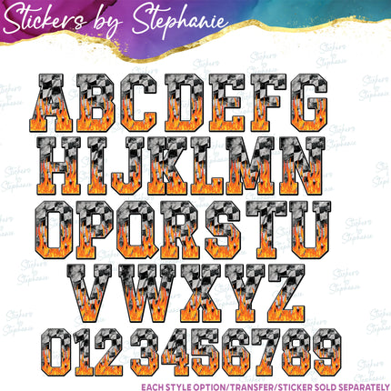 (s11-031) Grunge Flames Checkered Race Flag Letters Custom Name Text Iron-On Transfer or Sticker