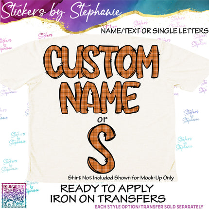 (s11-034) Orange Fall Plaid Letters Custom Name Text Iron-On Transfer or Sticker