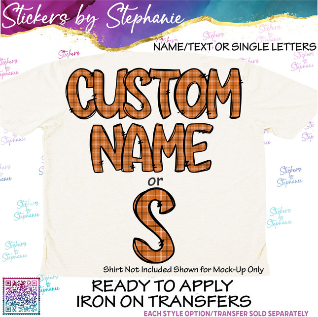 (s11-034) Orange Fall Plaid Letters Custom Name Text Iron-On Transfer or Sticker