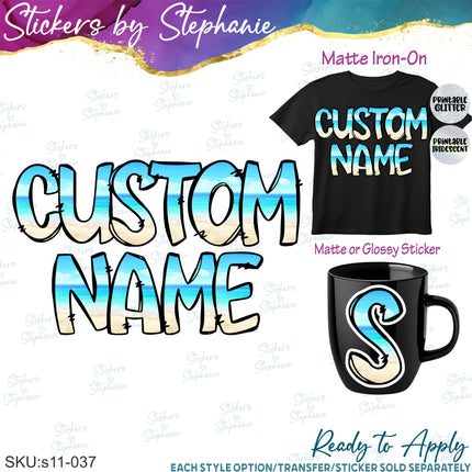(s11-037) Beach Ocean Letters Custom Name Text Iron-On Transfer or Sticker
