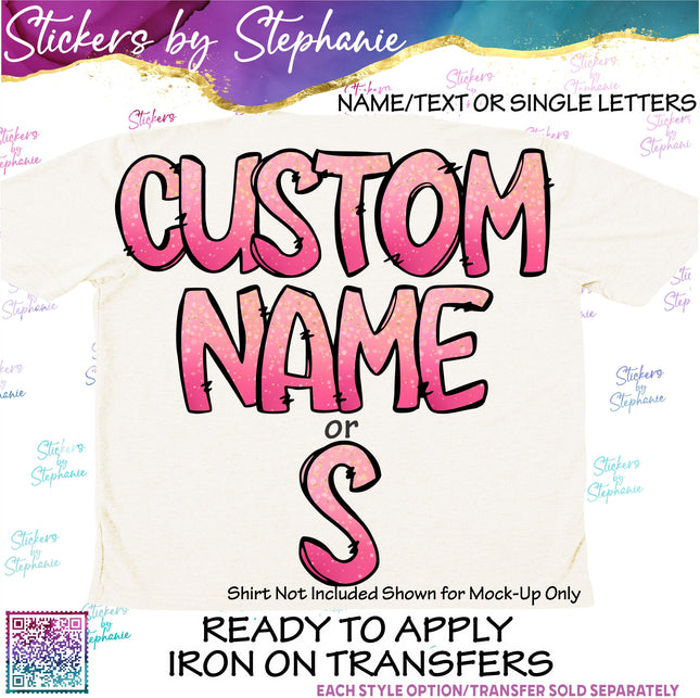 (s11-038) Pink Gold Bokeh Letters Custom Name Text Iron-On Transfer or Sticker