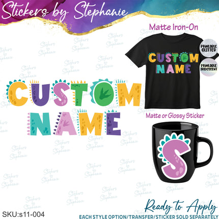 (s11-004) Dinosaur Letters Custom Name Text Iron-On Transfer or Sticker