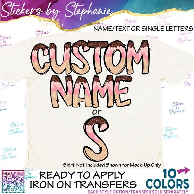 (s11-041) Ice Cream Cone Letters Custom Name Text Iron-On Transfer or Sticker