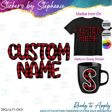 (s11-043) Buffalo Plaid Letters Custom Name Text Iron-On Transfer or Sticker