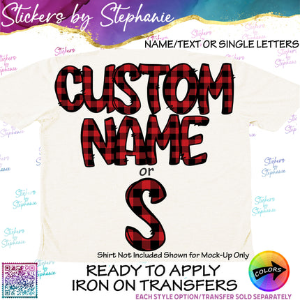(s11-043) Buffalo Plaid Letters Custom Name Text Iron-On Transfer or Sticker