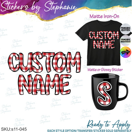 (s11-045) Gingham Plaid Letters Custom Name Text Iron-On Transfer or Sticker