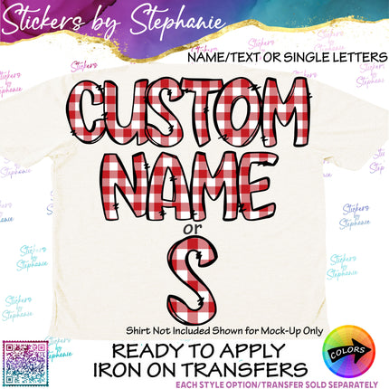 (s11-045) Gingham Plaid Letters Custom Name Text Iron-On Transfer or Sticker