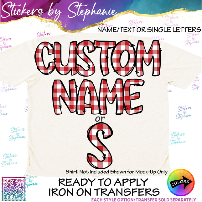 (s11-045) Gingham Plaid Letters Custom Name Text Iron-On Transfer or Sticker
