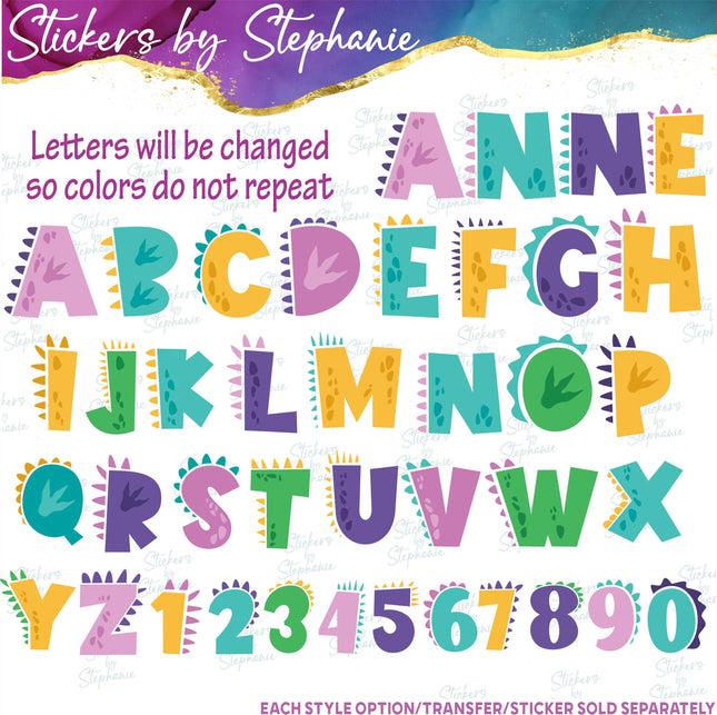 (s11-004) Dinosaur Letters Custom Name Text Iron-On Transfer or Sticker