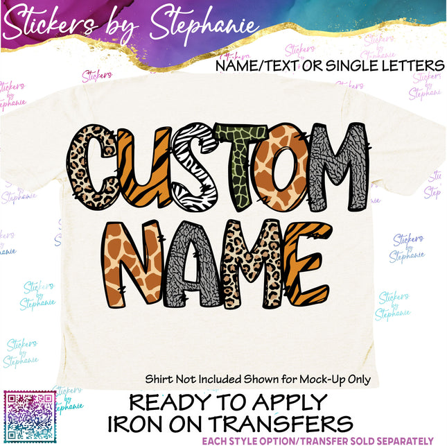 (s11-005) Safari Animal Print Letters Custom Name Text Iron-On Transfer or Sticker