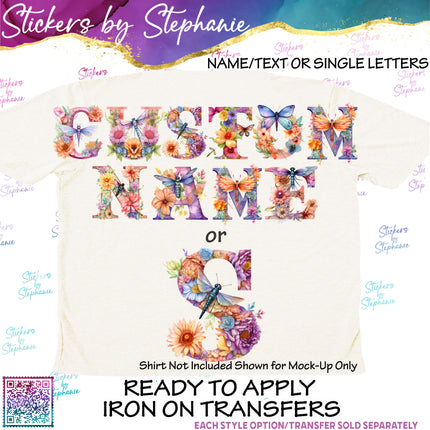 (s11-051) Dragonfly Flower Floral Letters Graphic Iron-On Transfer or Sticker