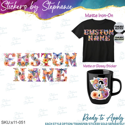 (s11-051) Dragonfly Flower Floral Letters Graphic Iron-On Transfer or Sticker