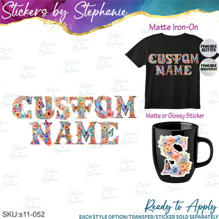 (s11-052) Butterfly Flower Floral Letters Graphic Iron-On Transfer or Sticker