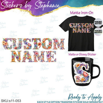 (s11-053) Flower Floral Letters Graphic Iron-On Transfer or Sticker