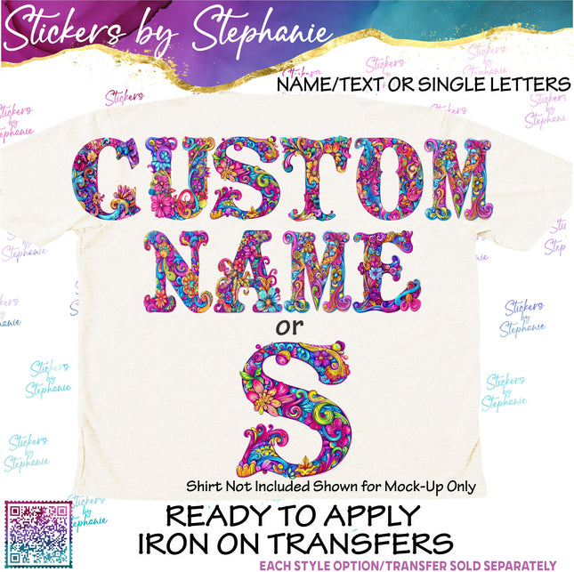 (s11-054) Hippie Retro Flower Floral Letters Graphic Iron-On Transfer or Sticker