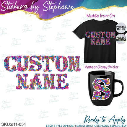 (s11-054) Hippie Retro Flower Floral Letters Graphic Iron-On Transfer or Sticker