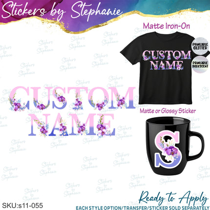 (s11-055) Pink Purple Orchid Letters Graphic Iron-On Transfer or Sticker