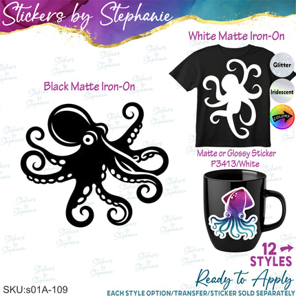 (s01A-109) Octopus Squid Iron-On Transfer or Sticker