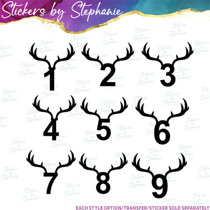 (s01A-289) Deer Antler Numbers Age Iron-On Transfer or Sticker