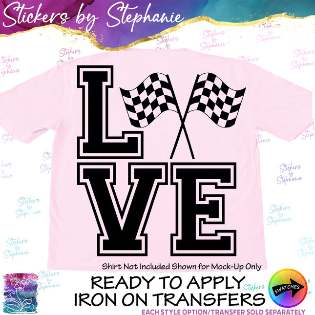 (s01-249) Checkered Flag Stacked Love Iron-On Transfer
