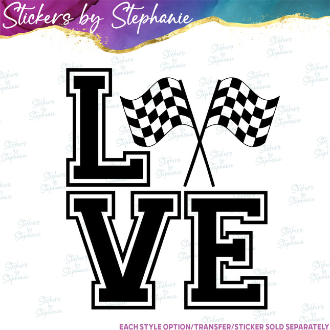(s01-249) Checkered Flag Stacked Love Iron-On Transfer