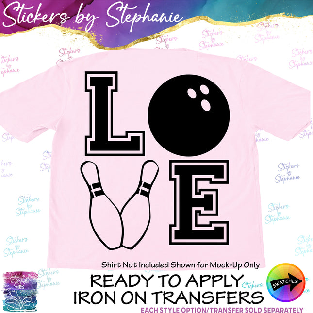 (s01-250) Bowling Ball Pins Stacked Love Iron-On Transfer