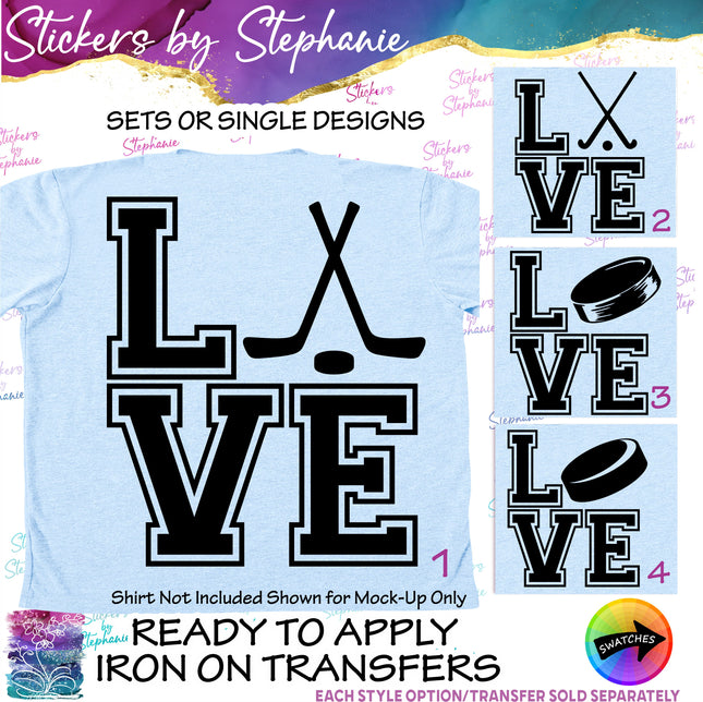 (s01-251) Hockey Puck Sticks Stacked Love Iron-On Transfer