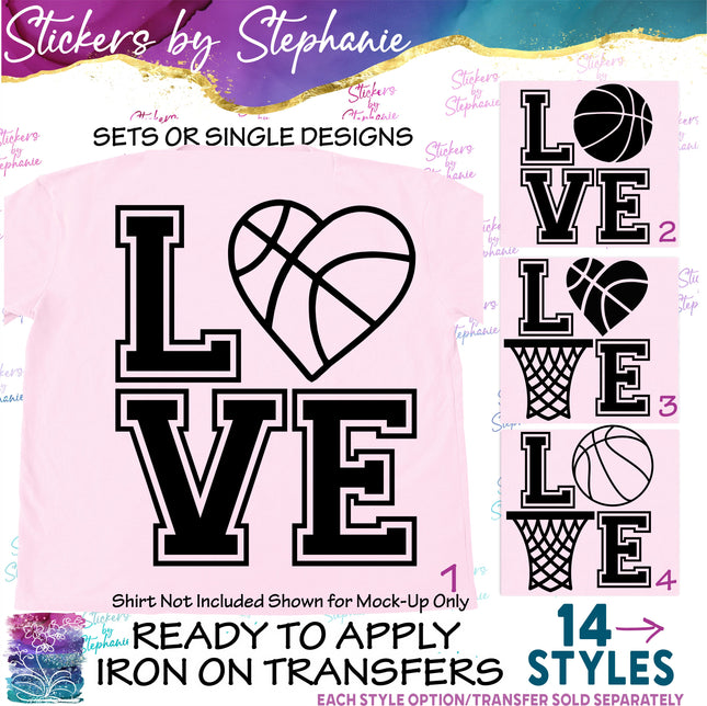 (s01-258) Basketball Ball Net Stacked Love Iron-On Transfer