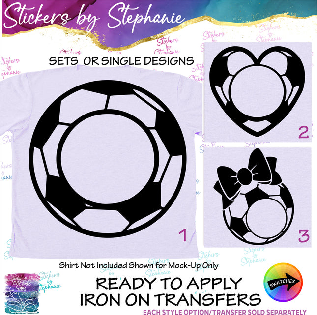 (s01-262) Soccer Ball Heart Bow Monogram Frame Iron-On Transfer