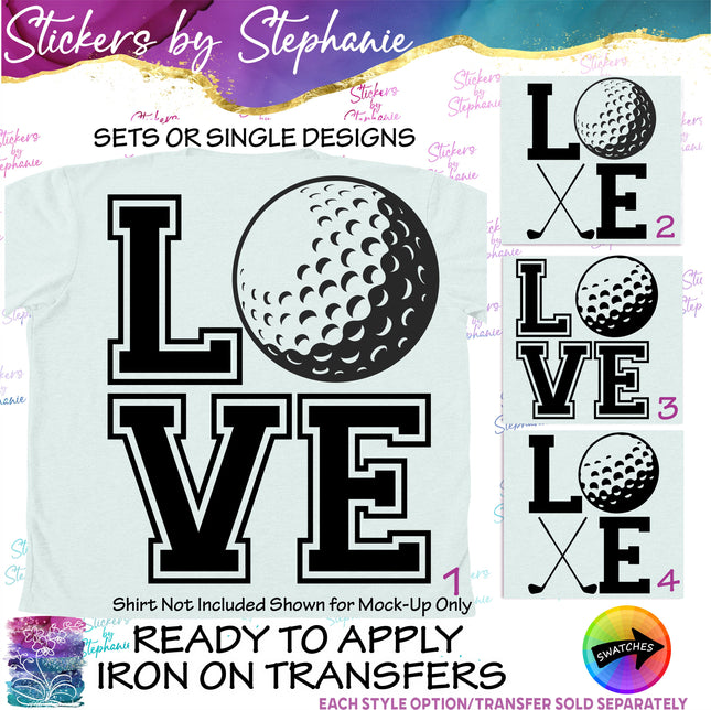 (s01-264) Golf Ball Clubs Stacked Love Iron-On Transfer