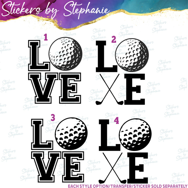 (s01-264) Golf Ball Clubs Stacked Love Iron-On Transfer