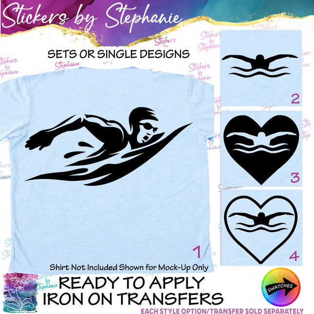 (s01-268) Swimmer Swimming Heart Silhouette Iron-On Transfer