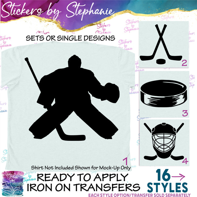(s01-219) Hockey Player Sticks Puck Silhouette Iron-On Transfer