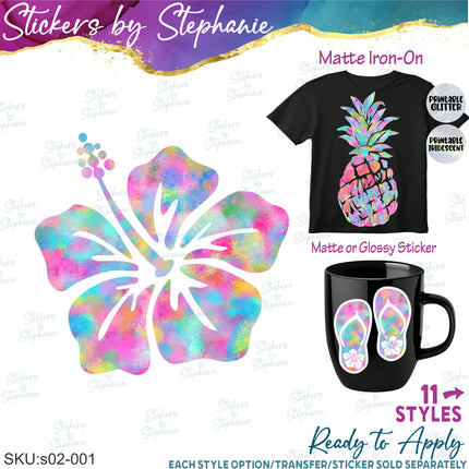 (s02-001) Tropical Hibiscus Flower Pineapple Flip Flops Graphic Iron-On Transfer or Sticker