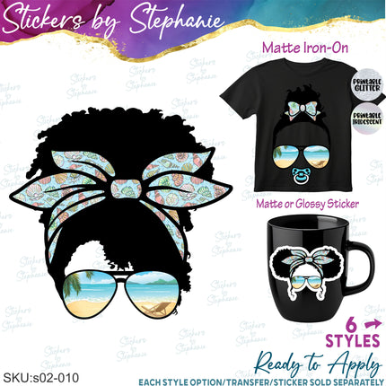 (s02-010) Messy Bun African American Family Beach Sunglasses Graphic Iron-On Transfer or Sticker