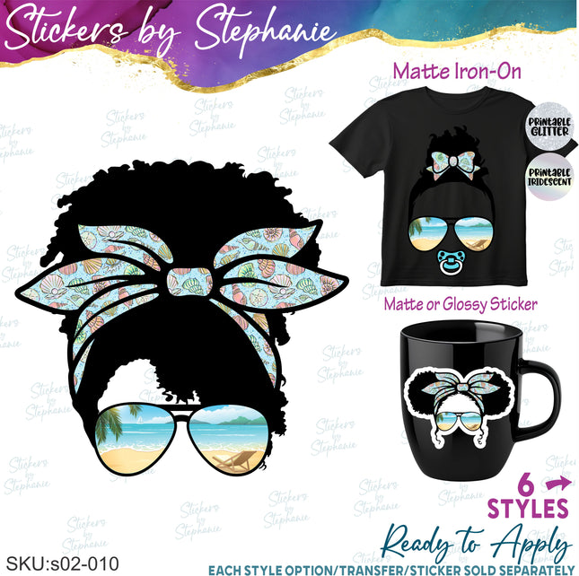(s02-010) Messy Bun African American Family Beach Sunglasses Graphic Iron-On Transfer or Sticker